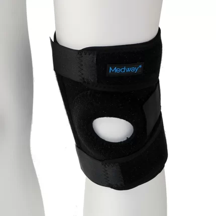 Rodillera corta abierta con estabilizador de rótula y soportes laterales flexibles